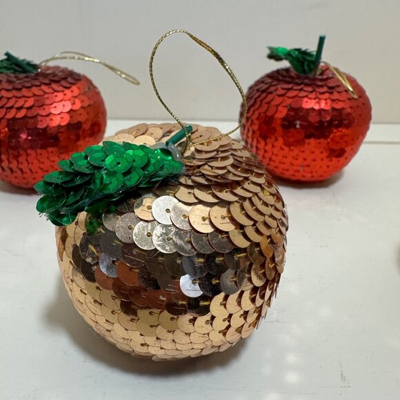 Handmade Vintage Sequin Apple Christmas Ornaments Set Of 5 Gold & Red - Picture 5 of 16